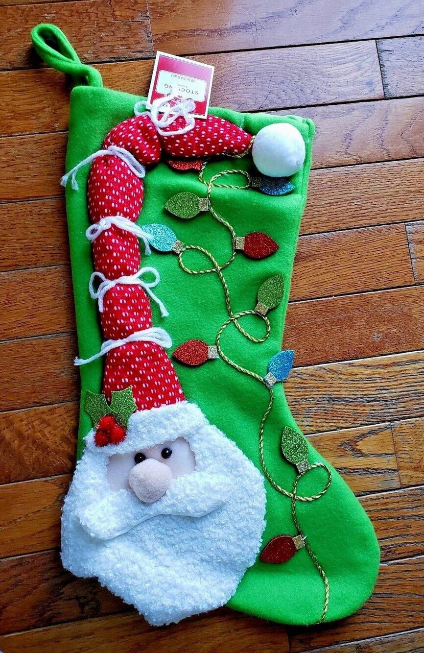 New Holiday Time 3D 20" Christmas Stocking Santa Claus with Glitter Lights Green